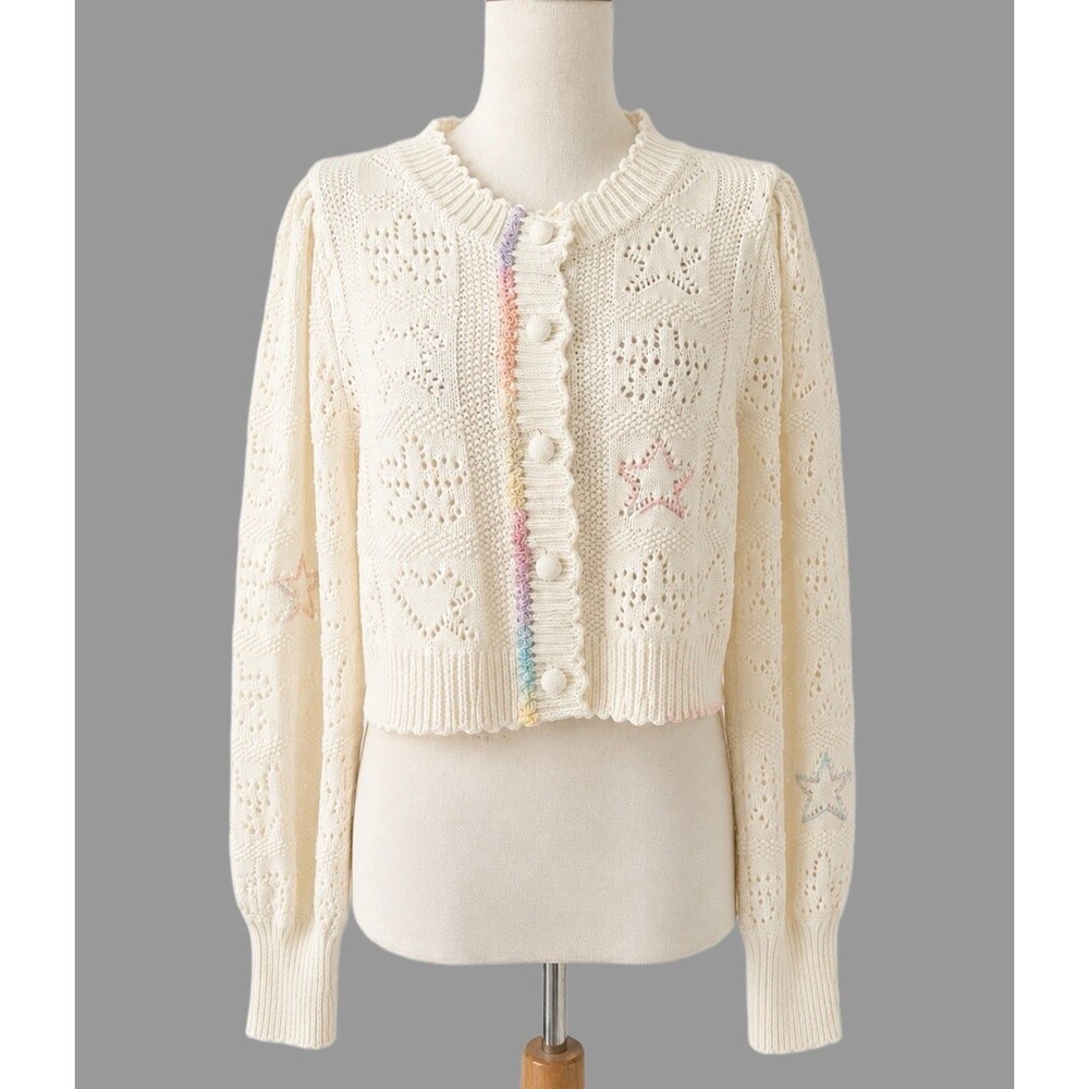 LOVESHACKFANCY Lata Cropped Cardigan Large Antique White Heart Star Knit Sweater